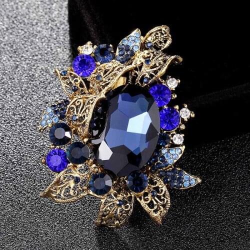 Antique Gold Vintage flower brooches jewelry best wedding rhinestone pin brooch bridal jewelry Costume Collar blue broches bijou