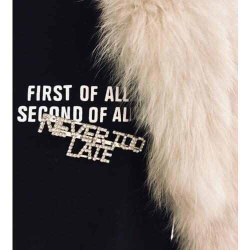 Bling Rhinestone Word & Letter Pins NEVER TOO LATE Lapel Pin for Women Handmade Custom Crystal Letter Brooch Pins S1180