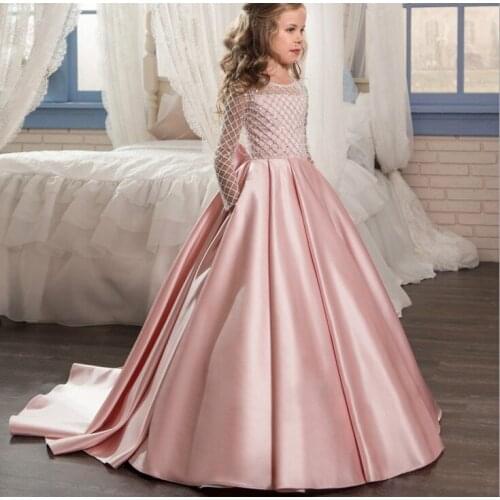 Fashion Kids Girl Fashion Dress Floor Length Button Draped Long Sleeves O-neck with Bow Sash Flower Ball Gowns 2-12Yrs