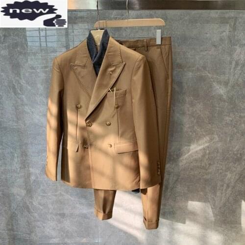 Mens Double Breasted Formal Blazer Pants Two Piece Set Slim Fit Groom Wedding Dress Suit Male Business Man Colors Costume Homme