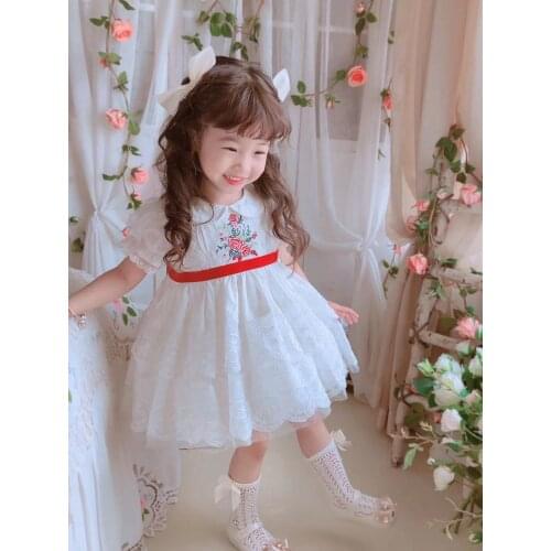 Summer Spanish Vintage Turkey Princess Lolita Lace White Wedding Baptism Puff Shortsleeve Ball Gown Dress For Baby Girls Party