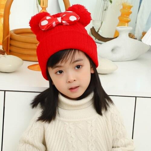 Cute Dot Cartoon Big Bow Baby Knit Beanie Hat Kids Knitted Cotton Beanie Autumn Winter Warm Soft cap Girls Double Pompom Hats