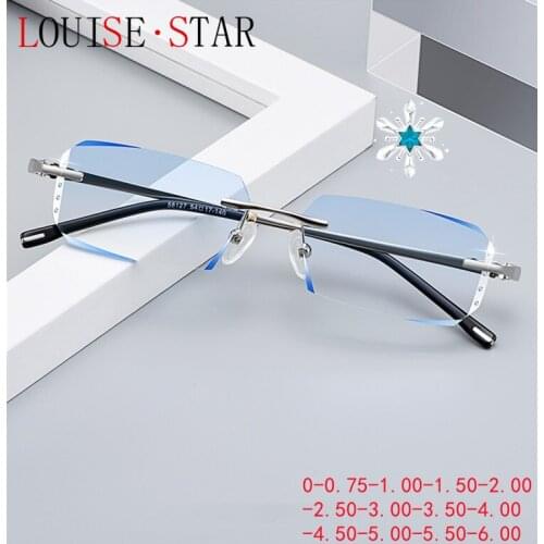 High Quality Rimless Glasses Frame Finished Mens 0-6.00 Degree Fashion Rimless Photochromic Gray Sunglasses Myopia Optometry