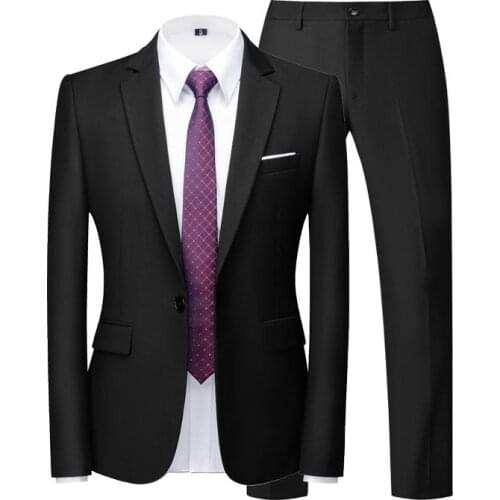 New Business Mens 2 Piece Suit Slim Fit Tuxedo for Prom Wedding Groomsmen Black White Navy Blue and Grey Solid Color