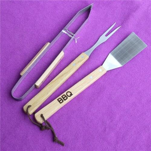 Barbecue Tool Set Stainless Steel Grill Three-piece BBQ Outdoor Fork Shovel 3 Piece Set Wooden Handle
