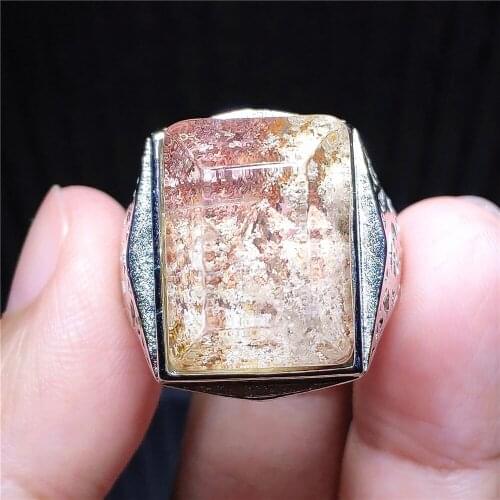 Natural White Red Phantom Quartz Adjustable Ring 19x14mm Garden 925 Sterling Silver Rectangle Bead Ring AAAAAA