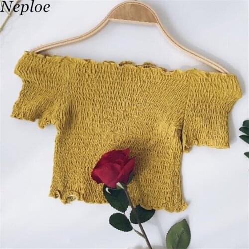 Neploe 2021 Summer New Women Slim Slash Neck T-shirt Short Sleeve Solid Off Shoulder Short T-shirt Fashion Sexy Crop Tops 67408