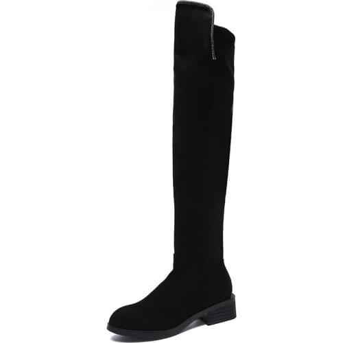 2020 new over-the-knee elastic boots European/American mid-heel rider boots thick heel velvet retro black boots
