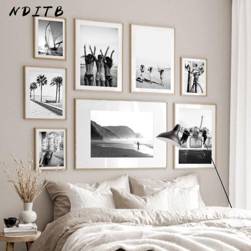 Beach Landscape Canvas Wall Print Black White Palm Art Painting Sexy Girl Poster Nordic Vintage Photography Picture Home Decor