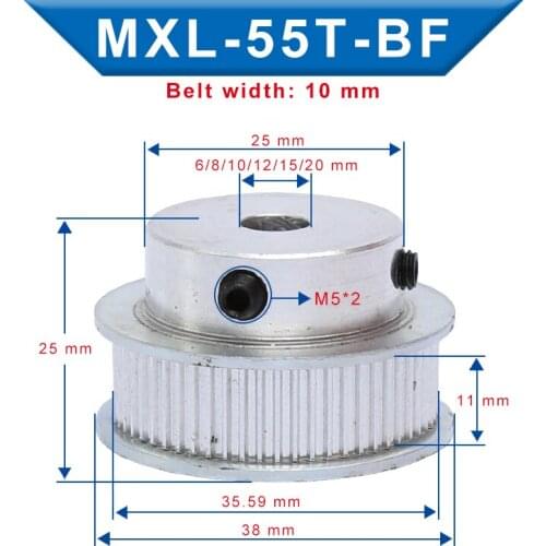 Pulley MXL-55T Inner Bore 6/8/10/12/15/20 mm Belt Pulley Slot Width 11mm Match with Width 10mm MXL-Timing Belt For 3D Printer