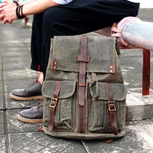 College School Bookbag Laptop Bags Waxed Canvas Travel Rucksack for Men Retro Fashion Daypack England Stlye Hiking Backpacks