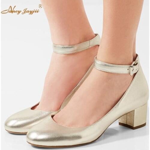 Black Light Gold Patent Lather Almond Toe Ankle Strap Pumps 2021 Summer Autumn Women’s Chunky Heels Girl Office School Shoes