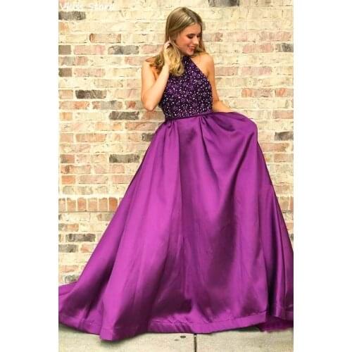 Grape Purple Prom Dress Satin A-line Floor Length Beading Sleeveless Halter Elegant Evening Dresses vestido de fiesta de boda