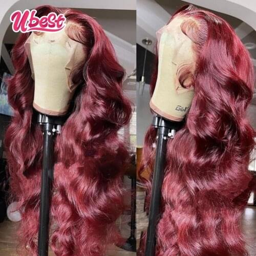 Ubest Burgundy Red & Orange Color Body Wave Lace Front Wig Brazilian Virgin Colored Human Hair Wigs Pre Plucked Transparent Wig