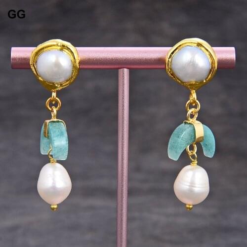 GuaiGuai Jewelry White Pearl Natural Green Amazonite Crescent Moon Stud Earrings