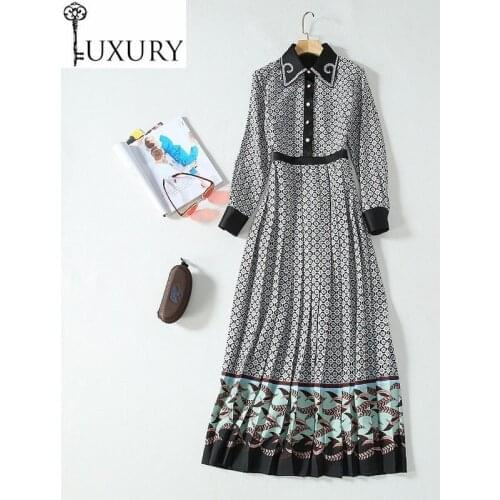 Fashion 2020 Spring Newest Style Women Turn-down Collar European Prints Beading Button Long Sleeve Maxi Dress Pleated