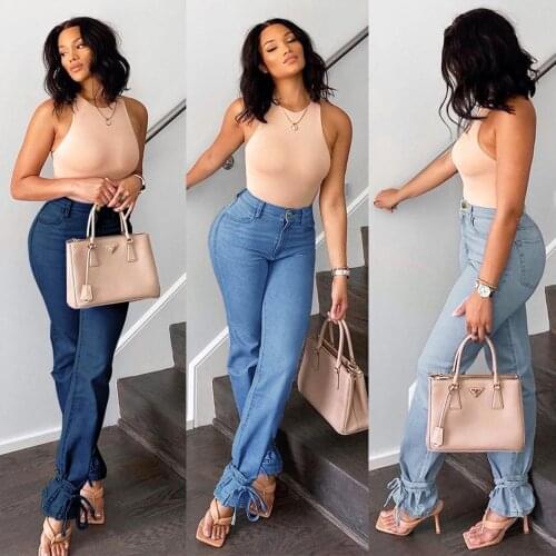 FNOCE 2020 new womens jeans pants fashion trends casual elegant solid high waist loose lace up full denim Wide Leg Pants