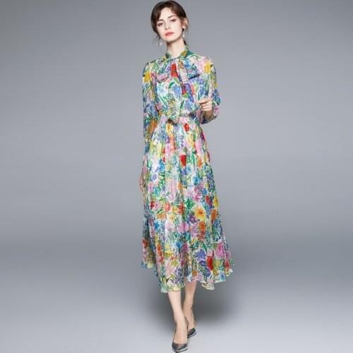 JSXDHK 2021 Summer Runway Holiday Beach Dresses Vintage Women Multicolor Flower Print Chiffon Bow Collar Ladies Boho Midi Dress