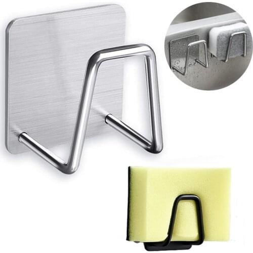 Kitchen Sink Sponge Holder Stainless Steel Wall Hooks Kitchen Storage Organizer Adhesive Drain Drying Rack Kitchen Tools