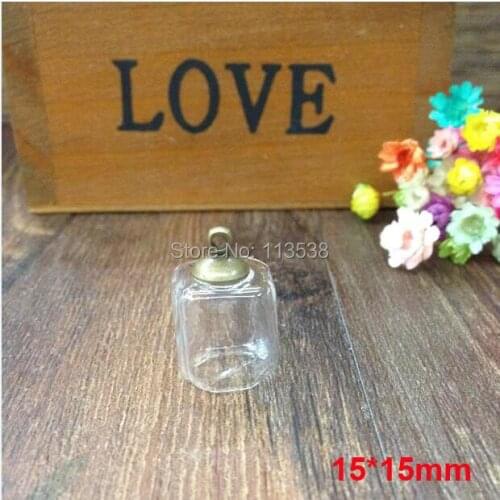 30sets/lot 15*15mm square cube glass globe cover with 8mm silver/bronze/gold metal cap empty vial pendant diy jewelry findings