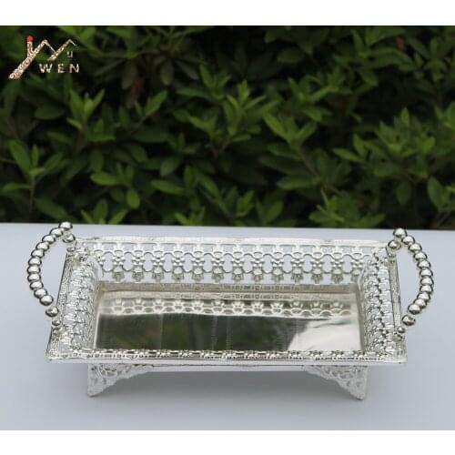 Free Shipping Luxury Shiny Silver Finish Metal Tray Hollow Snack plate Cake Stand