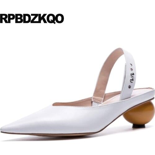 Women strap low heels summer shoes genuine leather pumps white metal slingback handmade special chunky sandals rivet pointed toe