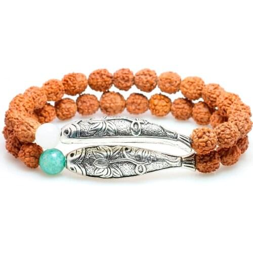 Rudraksha Seed Beads With Amazonite Stone Fish Charm Bracelet For Women White Chalcedony Yoga OM Jewelry