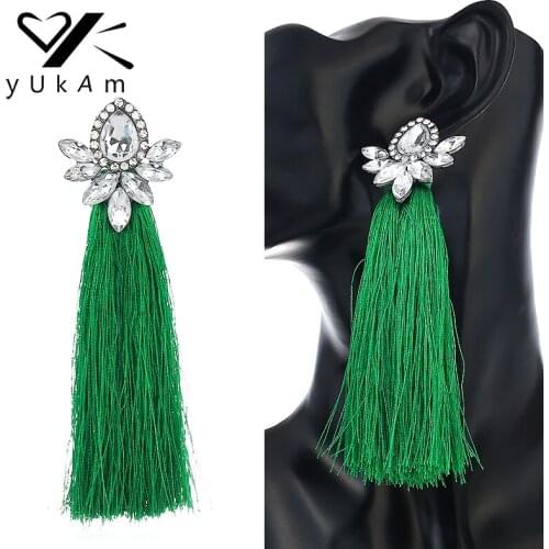 YUKAM Bohemia Ethnic Long Cotton Tassel Earrings Vintage Drop Earrings for Women Crystal Exaggerated Tassle Earrings Ear Jewelry