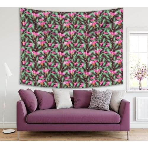 Tapestry Tropical Flowers Blooms and Leaves Stylish Modern Floral Pattern Hawaiian Style Art Printed Fuchsia Green Brown