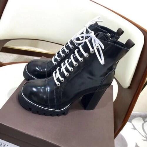 Hot High Heels Women Boots Shoes Genuine Leather Botas De Mujer Winter Kobiet Buty Retro Chaussure Femme Lace Up Botas Feminina