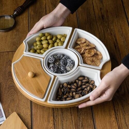 Nordic Art Ceramic Compartment Fruit Snack Tray with Lid Rotatable Tray Living Room Office White Dried Fruit Candy Storage Box