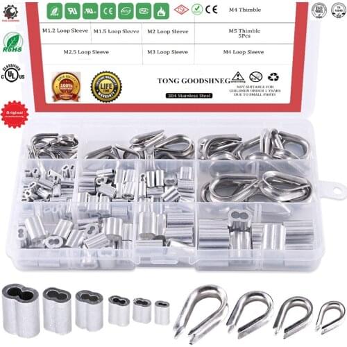 M2-M5,304 Stainless Steel Thimble Aluminum Crimping Loop Sleeve Assortment Kit for Diameter Wire Rope Cable Thimbles Rigging