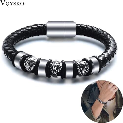 Punk Jewelry Leather Men Bracelet 3 Lion Head Charms Handmade Knitting Leather Bracelet For Valentines Day Present