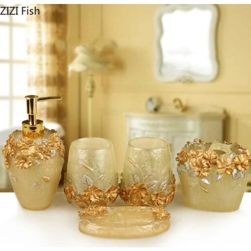 European Style Emboss Resin Bathroom Kit Toothbrush Cup Five-piece Suit Household Bathroom Supplies Wedding Gifts