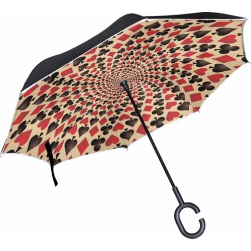 New Arrival Creative Poker Card Suit C-Hook Handle Reverse Folding Double Layer Windproof Rainy Sunny Umbrella Fishing Car Cane