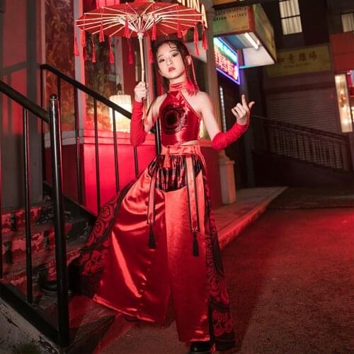 New Jazz Costume Red Hip Hop Clothing Kids Retro Fringe Vest Tops Large Leg Pants Rave Festival Outfit Stage Wear