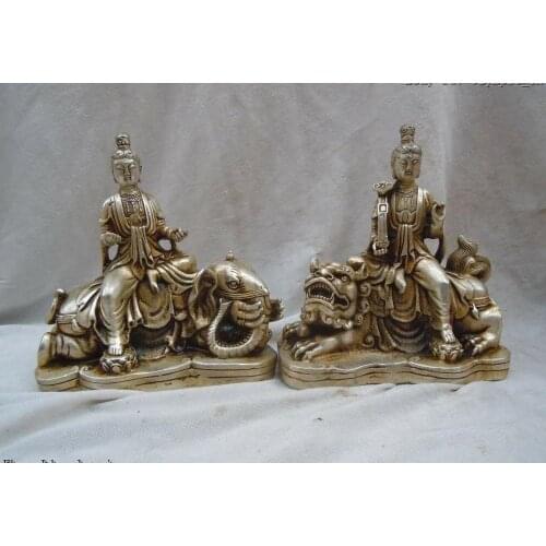 A PAIR silver carved lion elephant wen shu and pu xian Bodhisattva buddha statue