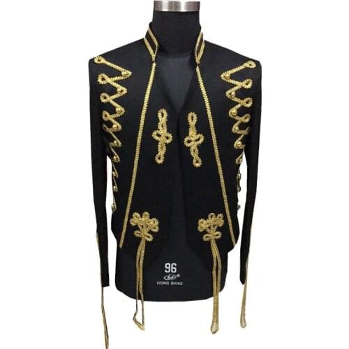 Male Military Style Golden Floral Decoration None Button Chorus Performance Blazer Jacket Mens Vintage Dress Party Slim Suits