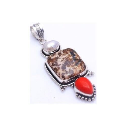 Genuine Leopark Skin Jasper + Coral Pendant Silver Overlay over Copper , 70 mm, P10683
