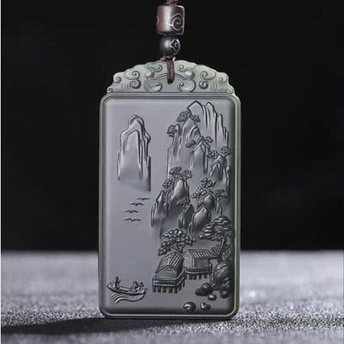 Natural Hetian Jade Mountain Landscape Pendant, Mens Rich Embroidered Mountain and River Necklace