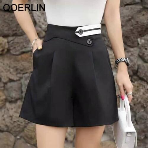 QoerliN High Waist Shorts Women Plus Size 2021 Summer New Korean Wide Leg Pants Black Shorts Casual Side Pocket Suits Short S-XL