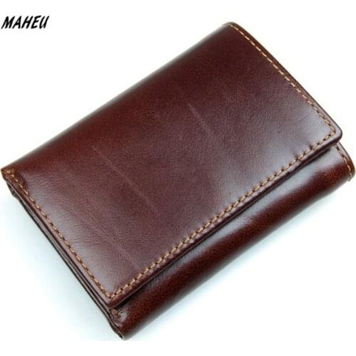 MAHEU Luxury Brand Designer Full Grain Genuine Leather Short Wallet For man 3 Folds Pure Leather Wine Purse 2019 Hot New Fashion