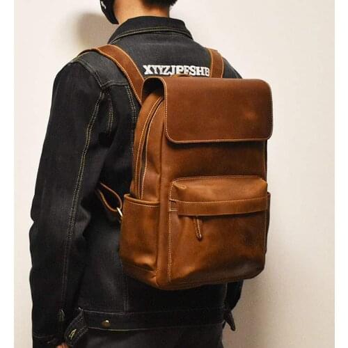 Luxury Vintage Natural Crazy Horse Leather Men Backpack 14" Laptop Bag