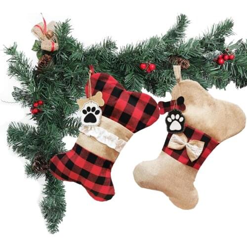 Christmas Pet Stockings Hanging Ornaments Cat Dog Foot Plaid Fish Bow Bone Shape Reusable Bags Gift Holders