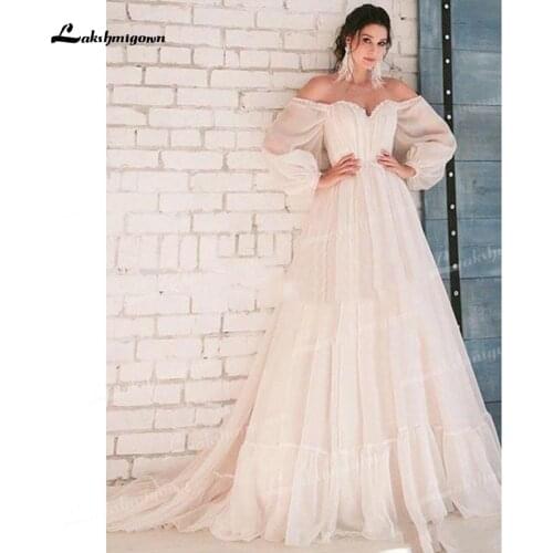 Elegant A-Line Chiffon Wedding Dresses Off The Shoulder Sweetheart Neck Puff Long Sleeve Sexy Open Back Chapel Train Bride Gowns