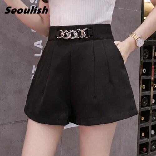 Seoulish 2021 New Summer Office Womens Shorts High Waist Chain Wide Leg Shorts Elegant Workwear Female Solid Loose Trousers