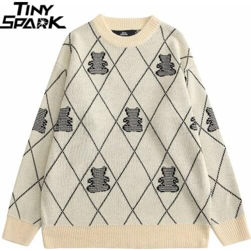 Streetwear Knitted Sweater Hip Hop Argyle Funny Bear Harajuku Pullover 2021 Men Autumn Cotton Casual Sweater Khaki Gray Pullover