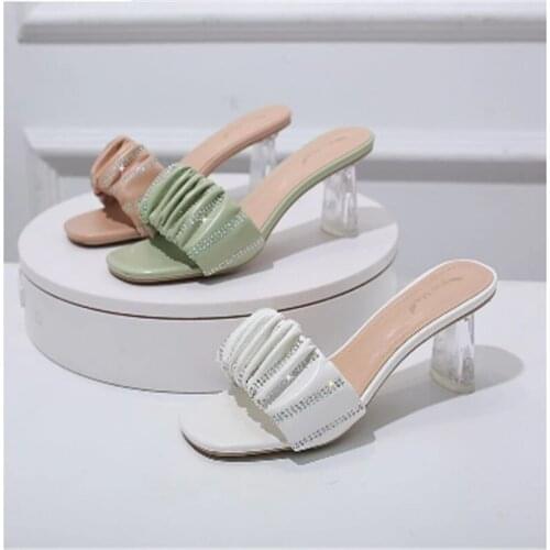 2021 Womens Shoes Sandals Wear Pleated Summer New PEARL Open Toe Sexy Clear Heel Zapatillas Casa Mujer Sapatos Femininos