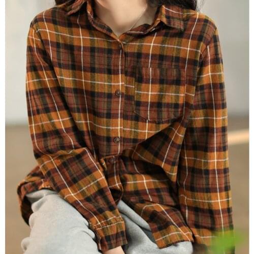 2021 Women Cotton Blusas Turn-down Collar Shirts Plaid Long-sleeve Loose Outwear Harajuku Female Casual Pocket Shirt Streetwear