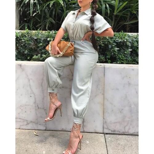 Women Casual Solid Color Short Sleeve Button Pockets Design Jumpsuits